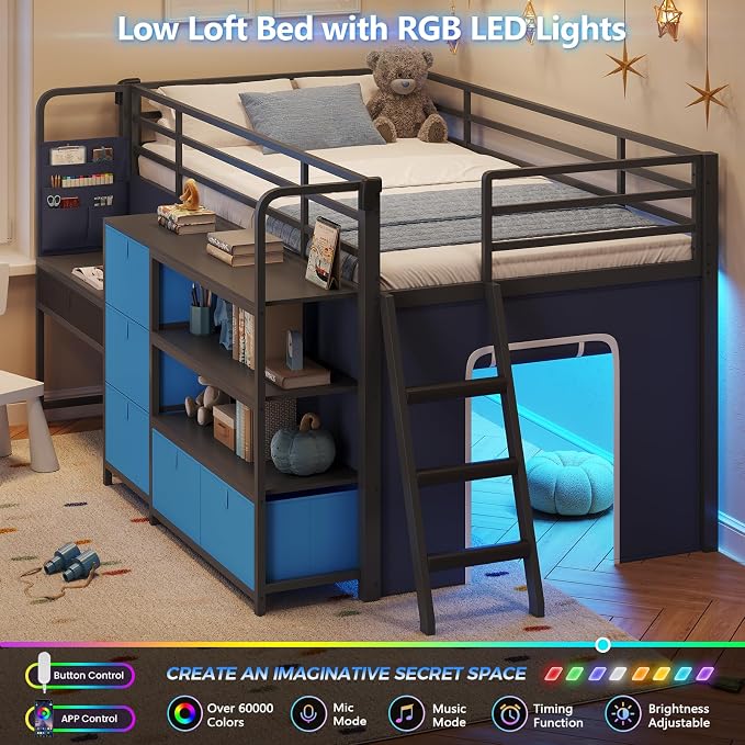 DICTAC Low Loft Bed with Desk and 6 Storage Drawers Twin Loft Bed with Bookshelf,LED Lights & Under-Bed Play Space,Kids Twin Beds with 13.8''H Safety Guardrail,Inclined Ladder&Play Curtain,Blue+Black
