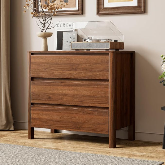 Furniway 31.5" Mid-Century Modern Dresser for Bedroom, 3 Drawer Small Chest of Drawers with Wood Legs, Large Storage Bedroom Dresser, Walnut