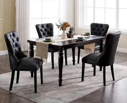 EALSON Modern Black Dining Chairs Set of 4 Mid Century Leather Dining Room Chairs with Wood Legs Tufted Upholstered Kitchen Side Chairs with Nail Head Trim for Dining Room/Living Room, Back with Ring