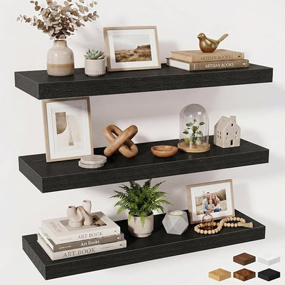 Fun Memories Floating Shelves for Wall, 32 Inch Long Floating Shelves Set of 3, 32 x 10 Wooden Shelves for Wall, Large Storage Shelves, Hanging Shelves for Bathroom Kitchen Bedroom, Black
