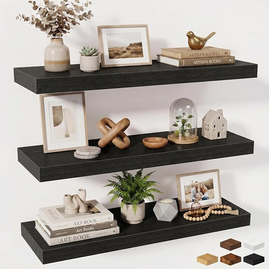 Fun Memories Floating Shelves for Wall, 32 Inch Long Floating Shelves Set of 3, 32 x 10 Wooden Shelves for Wall, Large Storage Shelves, Hanging Shelves for Bathroom Kitchen Bedroom, Black