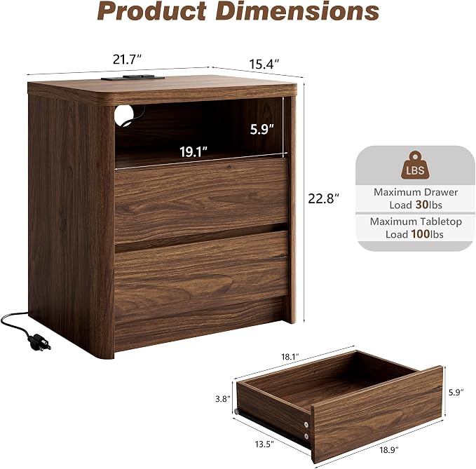3 Pieces of Dresser and Nightstand Set,55 Inch Width 9-Drawer Dresser & 2-Drawer Nightstands Set of 2,Nightstand with USB&Type C Charging Station&Outlets, Modern Design for Bedroom, Walnut
