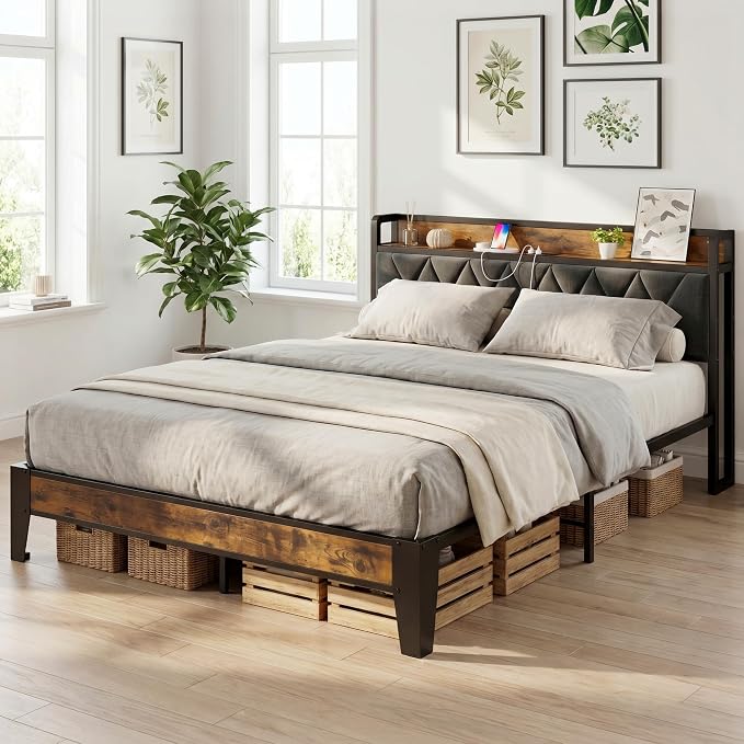 ANCTOR Full Bed Frame, Upholstered Tufted Headboard, Storage Shelves & Charging Station, No Box Springs Needed, Sturdy, Noise-Free, Modern Vintage Style