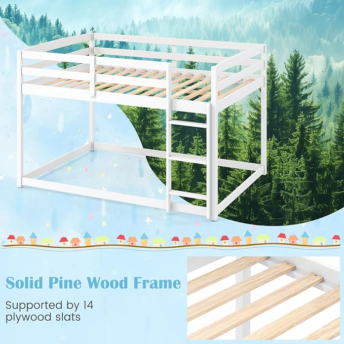 Giantex Full Over Full Bunk Bed, Solid Wood Kids Bunk Bed with Full-Length Guardrails, Integrated Ladder & Anti-Tippling Kits, Low Bunk Beds for Kids, No Box Spring Needed, White