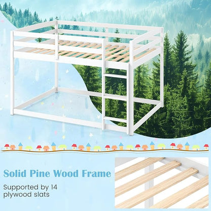 Giantex Full Over Full Bunk Bed, Solid Wood Kids Bunk Bed with Full-Length Guardrails, Integrated Ladder & Anti-Tippling Kits, Low Bunk Beds for Kids, No Box Spring Needed, White