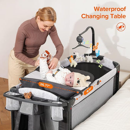 ELEMARA Baby Bassinet Bedside Crib with Diaper Changer, Pack and Play with Mattress for Baby，4 in 1 Playpen Travel Bed with Storage,Playard with Adjustable Height