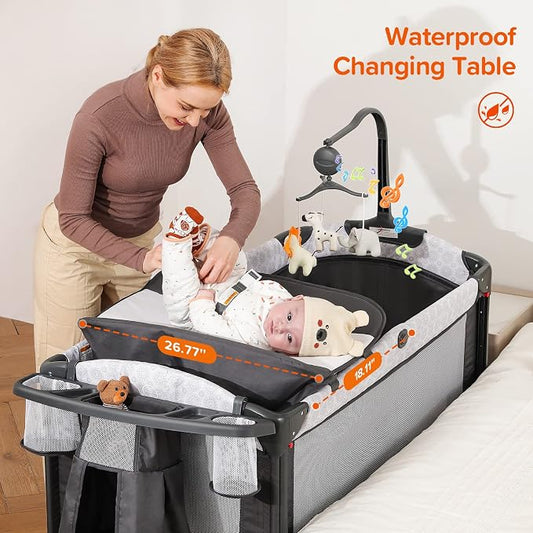 ELEMARA Baby Bassinet Bedside Crib with Diaper Changer, Pack and Play with Mattress for Baby，4 in 1 Playpen Travel Bed with Storage,Playard with Adjustable Height