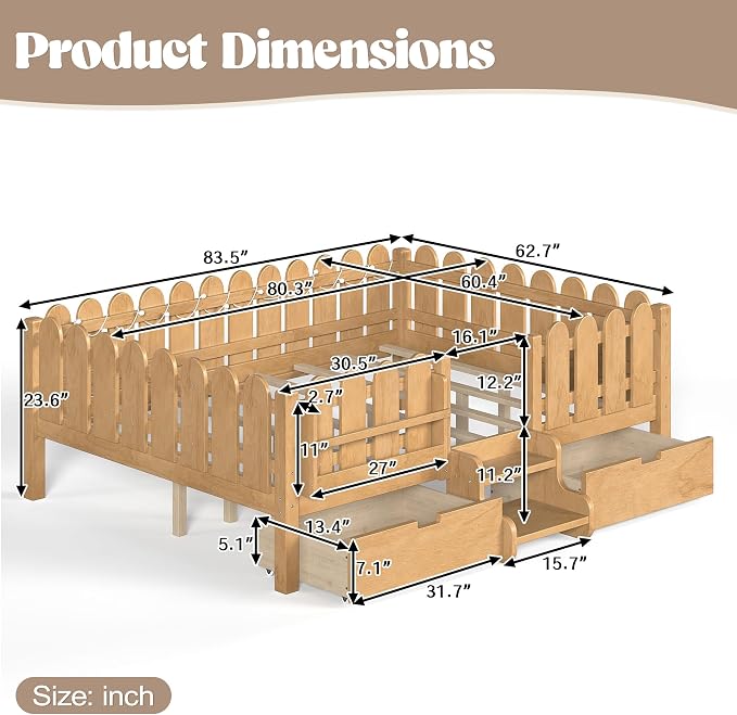 Bellemave Queen Kids Montessori Bed with Stairs, Bookshelf and LED Lights, Solid Wood Kids Bed Frame with Storage Drawers for Boys Girls, Low Profile,Natural