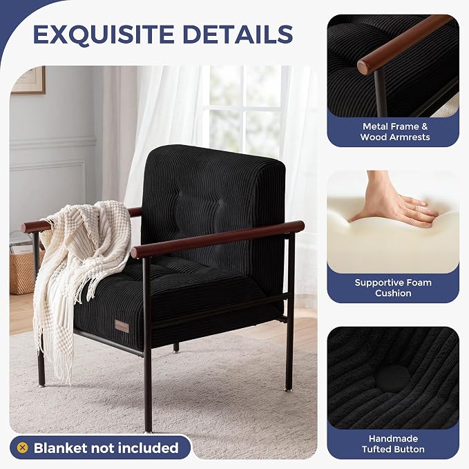 MAXYOYO Living Room Accent Chair, Modern Chair with Sturdy Metal Frame & Wood Armrests, Upholstered Reading Chair with Upholstered Cushion for Bedroom Balcony Porch, Black