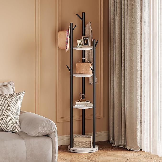 Espelism Rotary Coat Rack Freestanding Metal Coat Hall Tree Stand with 4 Tiers Storage Display Shelf and 9 Hooks for Entryway Bedroom Corner Office Garment Clothes Holder (Grey)