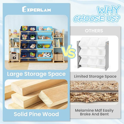 EXPERLAM Extra Large Toy Storage - Toy Storage Organizer, Wooden Toy Organizer with 6 Side Shelves and 12 Bins, 3-in-1 Bookshelf for Kids Rooms, Playroom, Nursery, Blue