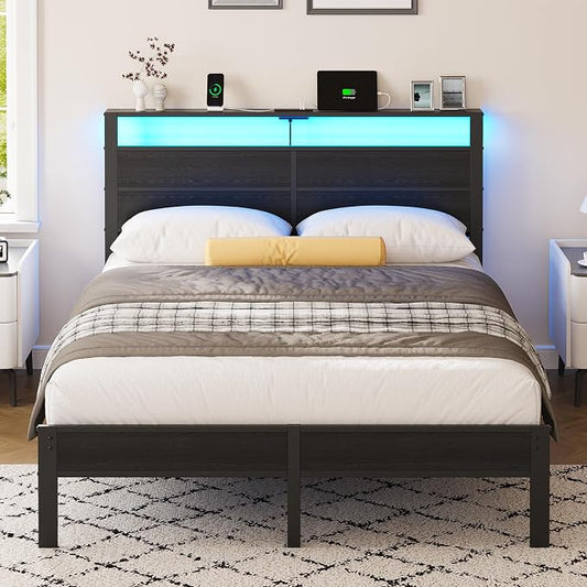 Liians Queen Size Black Metal Bed Frame with USB Type-C Charging Headboard, Smart LED Lights, Noise-Free Platform Bed, No Box Spring Needed, Easy Assembly