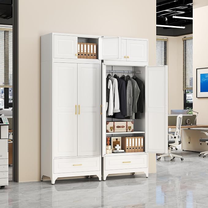 SteeLoong 86" Metal Armoire Wardrobe Closet with Drawer,Tall Clothing Storage Cabinet with Adjustable Shelves and Hanging Rod,White Wardrobe Closet for Bedroom,Home,Bathroom,Gym