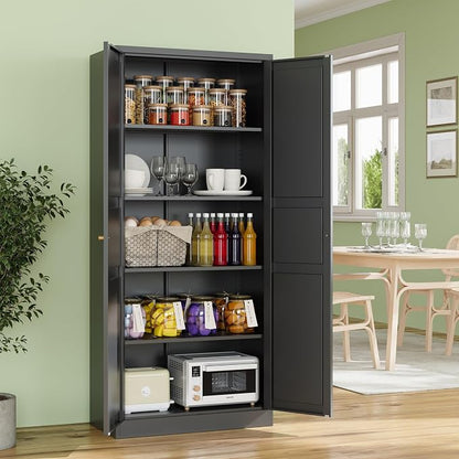 RAVIGIN Metal Storage Cabinet,71" H Pantry Cabinet with 2 Doors and 5 Adjustable Shelves,6 Tier Tall Kitchen Storage Cabinets for Kitchen,Pantry,Living/Study/Laundry Room(Black)