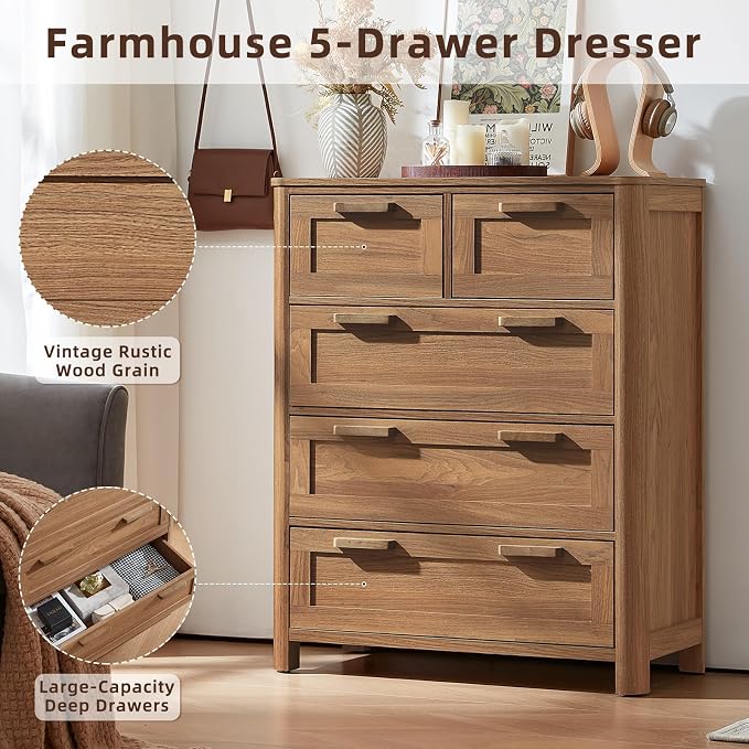 Joaxswe Farmhouse 5 Drawer Dresser for Bedroom, Vertical Dressers Chest of Drawers with 5 Deep Drawers & 4 Thickened Table Legs & Rounded Corners, Brown