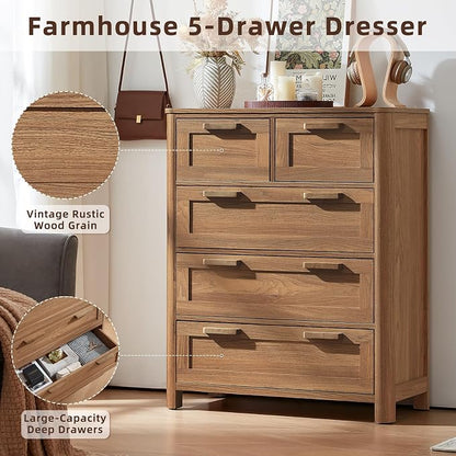 Joaxswe Farmhouse 5 Drawer Dresser for Bedroom, Vertical Dressers Chest of Drawers with 5 Deep Drawers & 4 Thickened Table Legs & Rounded Corners, Brown
