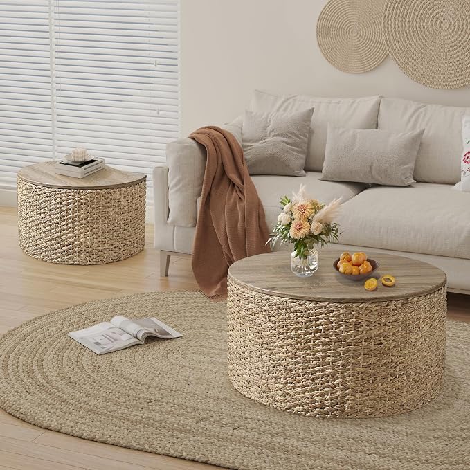 Nesting Coffee Table Set of 2, Rustic Crate and Barrel Coffee Table, Hand-Woven Woven Nesting Tables with Soild Wood Cover for Living Room, Bedroom