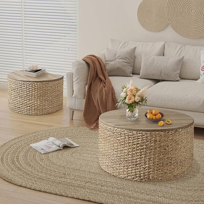 Nesting Coffee Table Set of 2, Rustic Crate and Barrel Coffee Table, Hand-Woven Woven Nesting Tables with Soild Wood Cover for Living Room, Bedroom