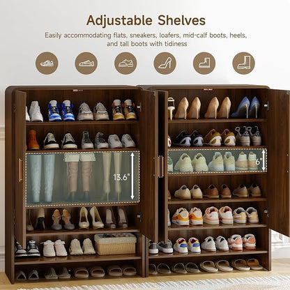 ONBRILL 6-Tier Shoe Storage Cabinet, 45'' Large Farmhouse Shoe Cabinet for Entryway, Modern Wooden Shoe Rack Organizer with Doors and Shelves, for Front Door Hallway (Walnut)