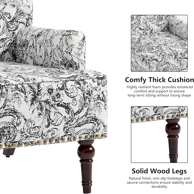 Accent Chair, Mid Century Modern Comfy Armchair for Living Room, Linen Fabric Single Sofa Lounge for Reading Bedroom Apartment Waiting Room with Wood Legs (Rococo Black, Set of 2)