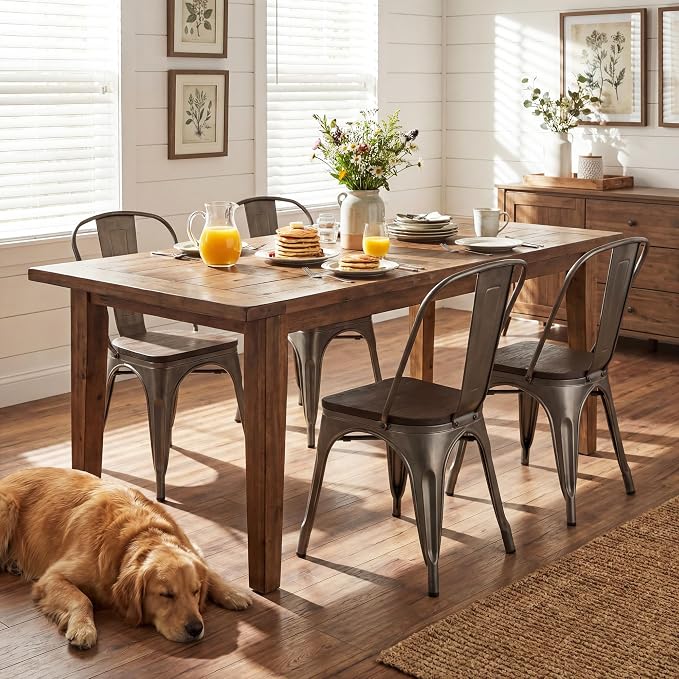 JUMMICO Metal Dining Chair Stackable Industrial Vintage Kitchen Chairs Indoor-Outdoor Bistro Cafe Side Chairs with Back and Wooden Seat Set of 4 (Gun)