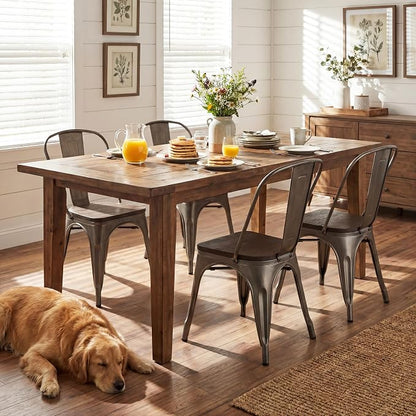 JUMMICO Metal Dining Chair Stackable Industrial Vintage Kitchen Chairs Indoor-Outdoor Bistro Cafe Side Chairs with Back and Wooden Seat Set of 4 (Gun)