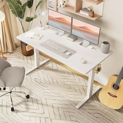 Sweetcrispy Electric Standing Desk Adjustable Height, 63x24 Inch Sit Stand Up Home Office Desks Memory Computer Workstation PC Work Table with Preset Splice Wood Board Metal Frame, White