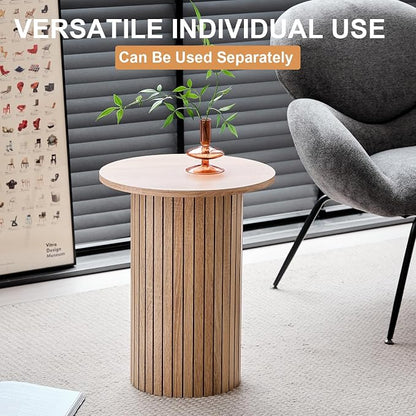 Round Nesting Coffee Tables for Living Room, Set of 2, Natural | φ27.6 + φ15.8 Boho Small Circle Side Tables, Fluted Drum Design Easy Assembly Minimalist Modern End Table Wood Grain Finish