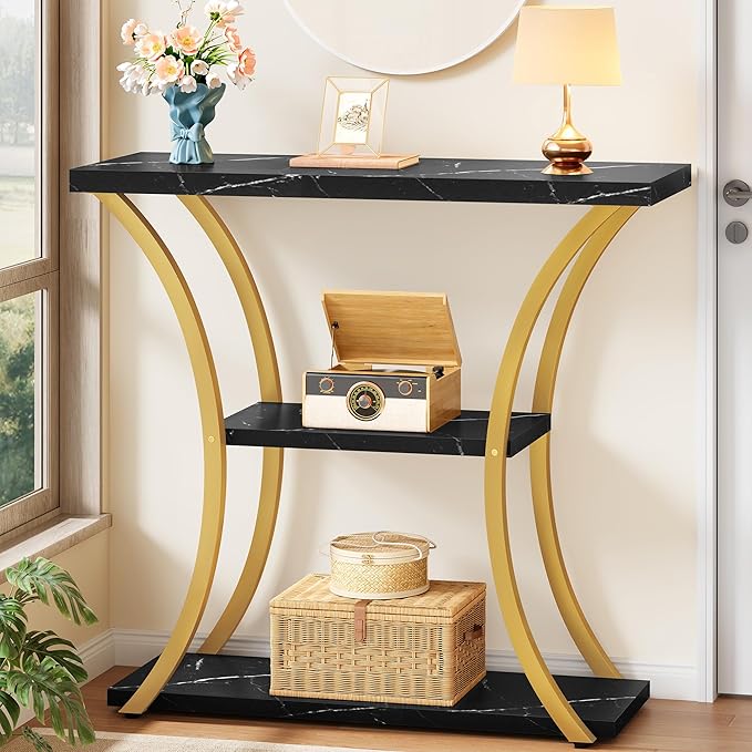 Hoctieon 3 Tier Console Table with Open Wood Shelves, Decorative Entryway Table with Curved Metal Frames, Narrow Sofa Table for Entrance, Living Room, Hallway, Gold and Black Marbled