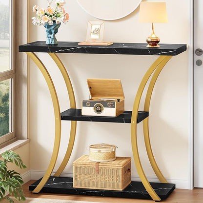 Hoctieon 3 Tier Console Table with Open Wood Shelves, Decorative Entryway Table with Curved Metal Frames, Narrow Sofa Table for Entrance, Living Room, Hallway, Gold and Black Marbled