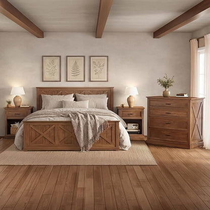 4 Piece Bedroom Set Queen Size Bed Frame with Dresser and 2 Nightstands | Walnut Platform Bed Frames,4 Storage Drawers Cabinet,Farmhouse Bedroom Furniture Sets,Sturdy Wooden Slat Support,Guest Room