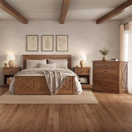 4 Piece Bedroom Set Queen Size Bed Frame with Dresser and 2 Nightstands | Walnut Platform Bed Frames,4 Storage Drawers Cabinet,Farmhouse Bedroom Furniture Sets,Sturdy Wooden Slat Support,Guest Room