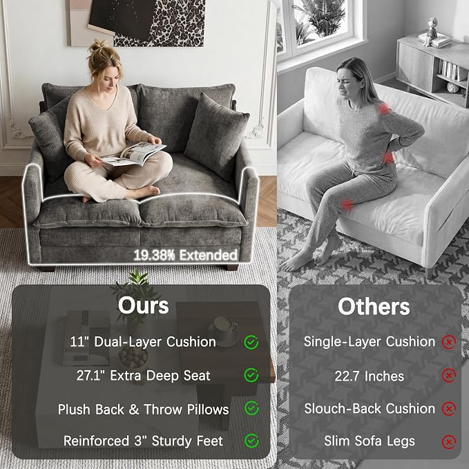 Loveseat Sofa, 52''Modern Cloud Sofa Couch with 27" Deep Seat & 2 Pillows, Comfy Chenille Small Couch for Small Spaces, Apartment, Studio, Bedroom, Living Room (Grey, Loveseat)