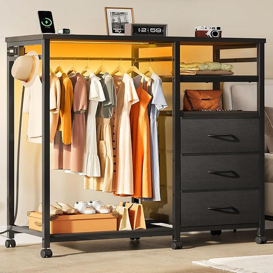 WLIVE Black Dresser with Hanging Rack for Bedroom, 3 Drawer Dresser with LED Lights & Charging Station, Fabric Dressers & Chest of Drawers, Storage Organizer with Open Shelves for Living Room