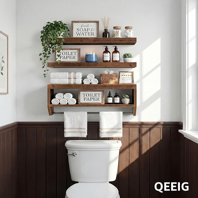 QEEIG Bathroom Floating Shelves for Wall - Shelf Over Toilet Paper Storage Farmhouse 32 inch Long Set of 3, Rustic Brown (028-80BN3)