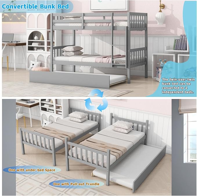 Harper & Bright Designs Convertible Wood Twin-Over-Twin Bunk Bed with Trundle and Ladder - Can Be Divided Into Two Platform Beds (Grey)