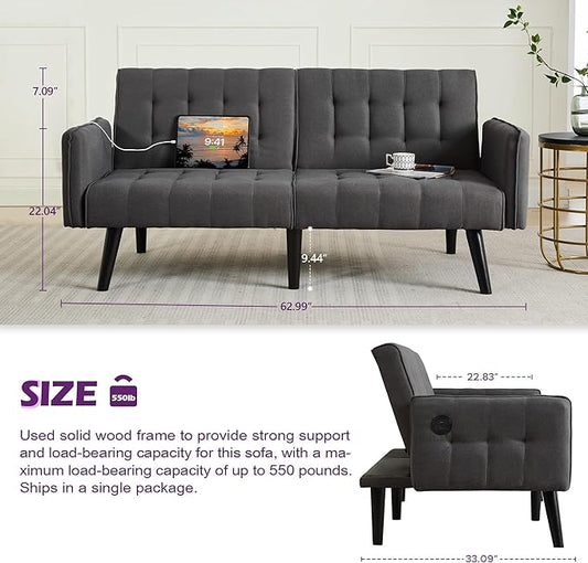 TYBOATLE 65“ Convertible Futon Sofa Bed w/ 2 USB, Upholstered Tufted Small Adjustable Folding Couch Loveseat, Modern Mid Century Sleeper Sofa for Living Room, Bedroom, Apartment, Office (Dark Grey)