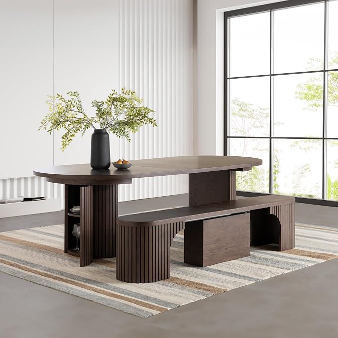 Transformer Table - Solid Wood Extendable Round Dining Table Set with Bench, Seats 4-10, Extendable Round Dining Set, Seat with Hidden Panel Storage, Dark Brown (Table + Bench)
