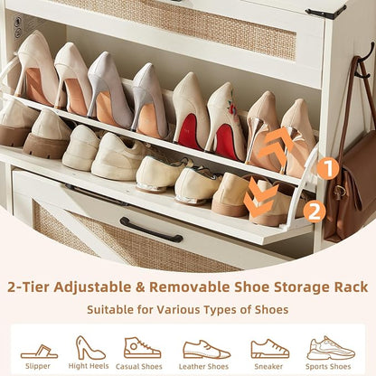 LEYAOYAO Shoe Cabinet Storage for Entryway with 2 Flip Drawers Rack Narrow Organizer Slim Hidden Wood Shoe Cabinet Furniture Off White