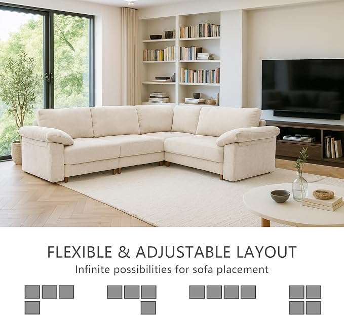 Oversized Modular Cloud Couch with Removable Washable Cover, L -Shaped Sectional for Large Living Room, Plush Chenille & Deep Seat（Beige）