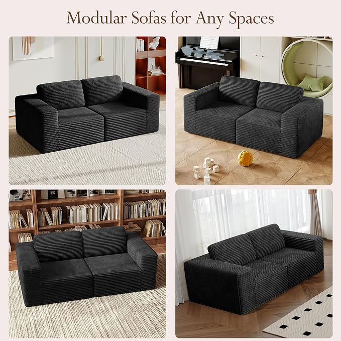 Vesgantti 80" Modular Sectional Sofa, Corduroy Cloud Couch with Deep Seating & Spring Support, 2 Seater Compact Modular Couch, Boneless Sectional Sofa for Small Spaces, No Assembly Required, Black