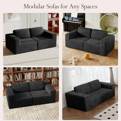 Vesgantti 80" Modular Sectional Sofa, Corduroy Cloud Couch with Deep Seating & Spring Support, 2 Seater Compact Modular Couch, Boneless Sectional Sofa for Small Spaces, No Assembly Required, Black