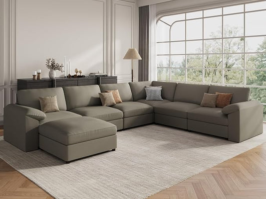 EASE MOOSE Faux Leather Sectional with Ottoman, Oversized Modular Couch, Modular Sectional Sofa with Deep Seat, Scratch Resistant Faux Leather Material, U Shaped Couch for Big Spaces, Light Grey