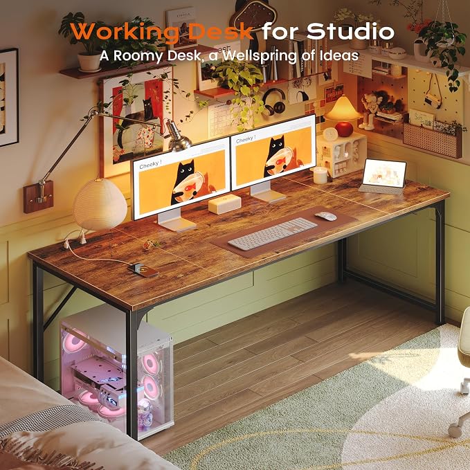 PRAISUN 63 X 30 Inch Extra Deep Desk with Power Outlets | Long Computer Desk for Bedroom, Office Desk for Work from Home, Writing Study Gaming Table, Stable Metal Frame, Rustic Brown