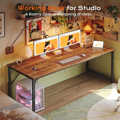 PRAISUN 63 X 30 Inch Extra Deep Desk with Power Outlets | Long Computer Desk for Bedroom, Office Desk for Work from Home, Writing Study Gaming Table, Stable Metal Frame, Rustic Brown