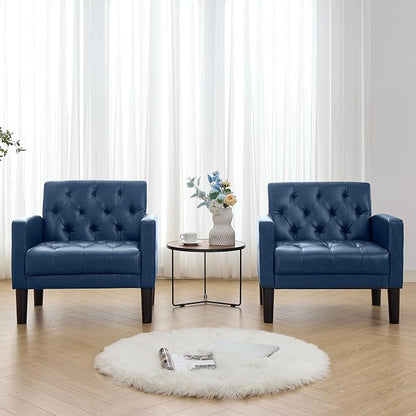 TYBOATLE Accent Chairs Set of 2 Comfy Living Room Chair Leather Tufted Mid Century Modern Accent Chair, Small Cozy Reading Arm Chair for Office, Bedroom (2, Blue)