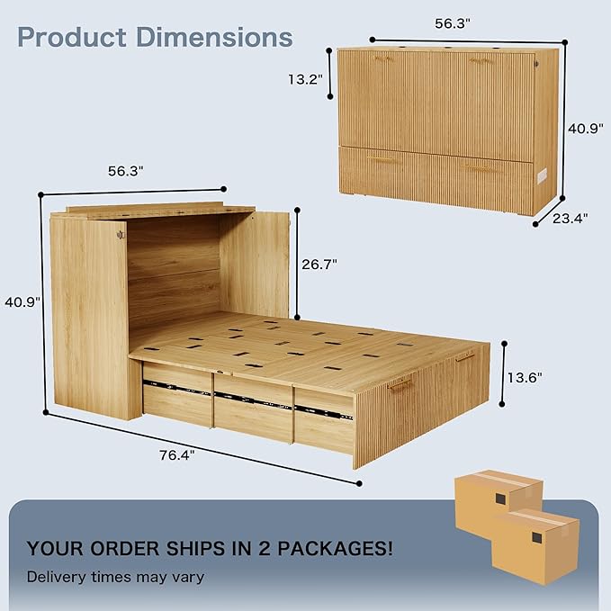 Full Size Murphy Bed Cabinet: Oak Cabinet Bed with Charging Station, Wood Murphy Cabinet with Large Drawers for Guest Room, Living Room and Office
