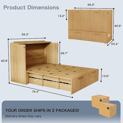 Full Size Murphy Bed Cabinet: Oak Cabinet Bed with Charging Station, Wood Murphy Cabinet with Large Drawers for Guest Room, Living Room and Office