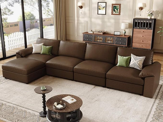 EASE MOOSE Oversized Modular Sectional Sofa,Leather Sectional Couch with Deep Seat,Extra Large L Shaped Couch,Classic Comfy Scratch Resistant Faux Leather Material Sofa for Living Room,Deep Brown