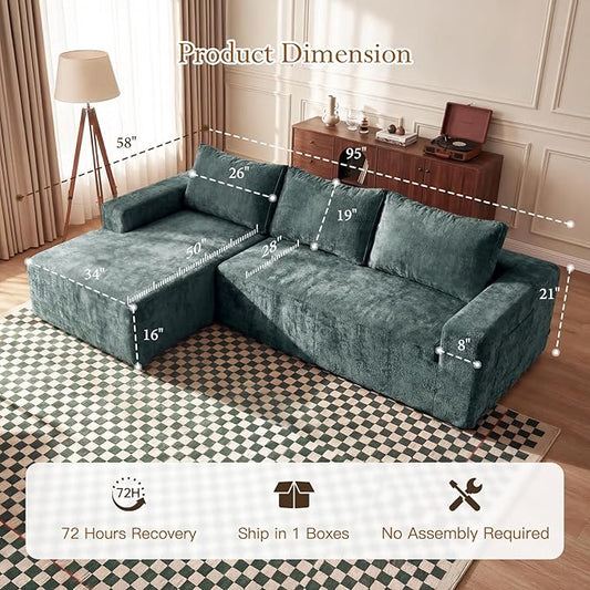 Vesgantti 95" Boneless Couches for Living Room, L-Shape Sectional Couch with Chaise in Chenille | Memory Foam | No Assembly Required, Deep Seat Cloud Modular Sofa for Apartment, Office (Green)